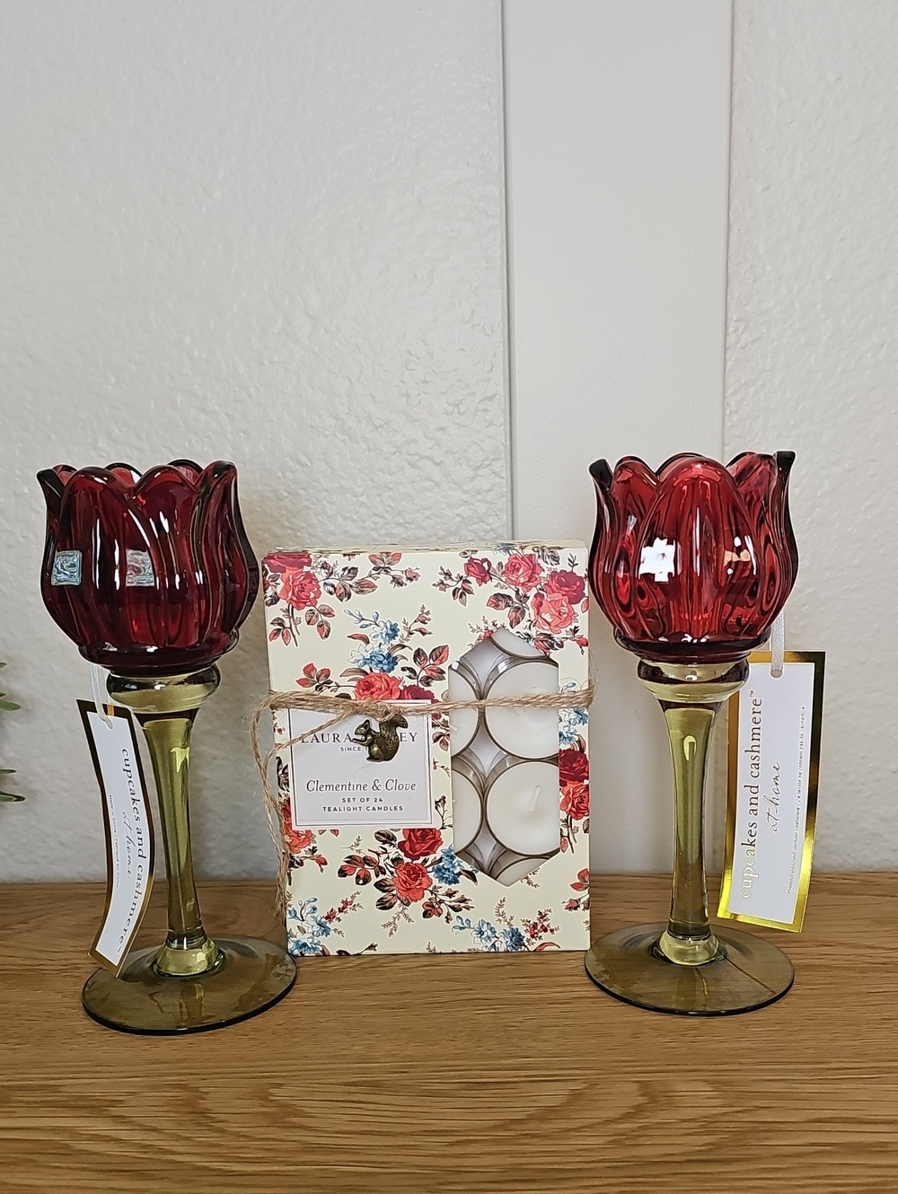 Cupcakes & Cashmere Ruby Red Tulip Candle Holders Set & Laura Ashley Tealights
